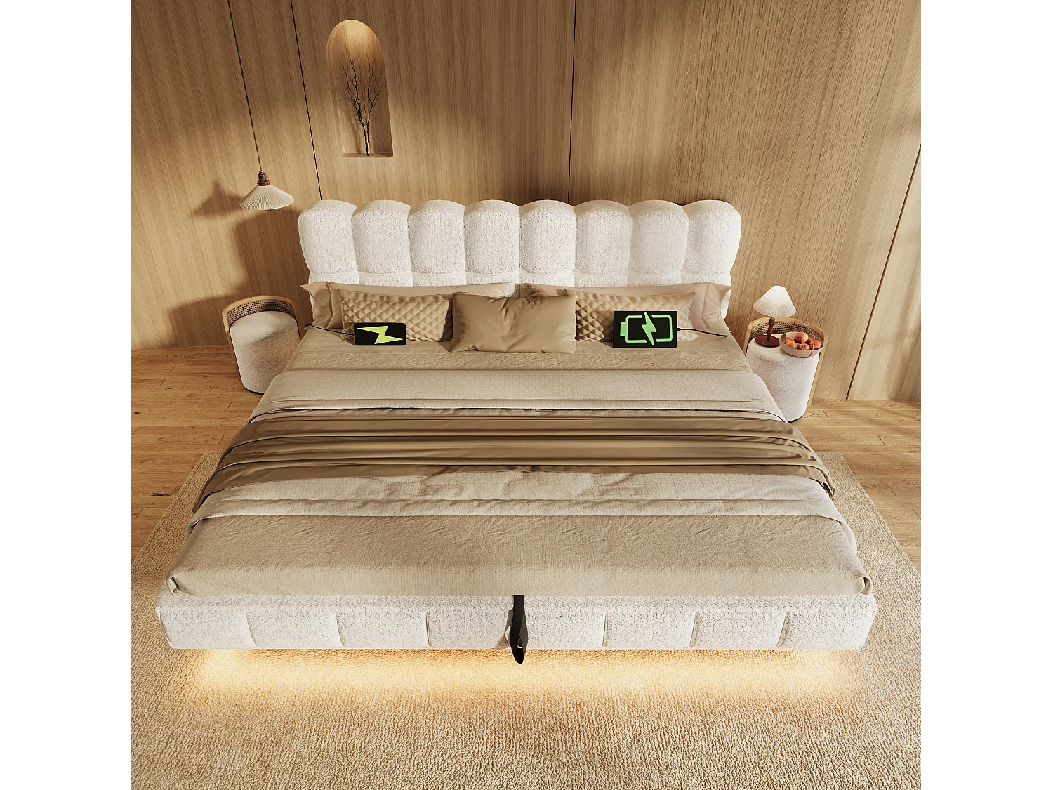 Lit coffre rembourré 180x200cm - avec lumière LED et port USB - design flottant - tissu chenille - Beige (sans matelas)