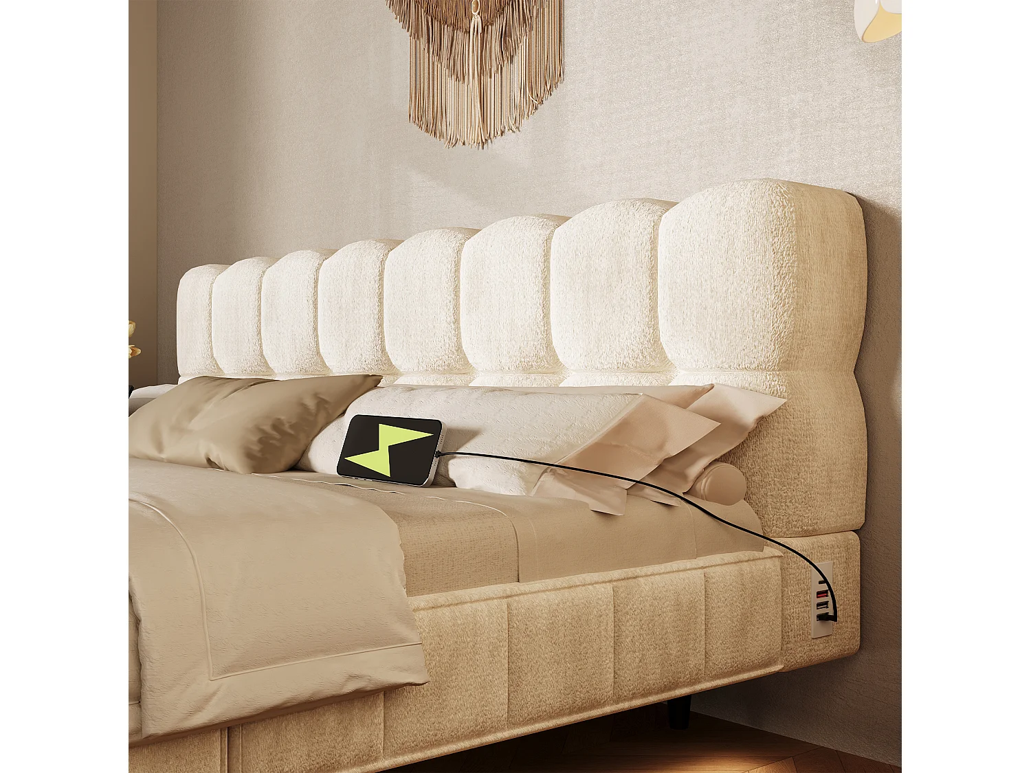 Lit coffre rembourré 180x200cm - avec lumière LED et port USB - design flottant - tissu chenille - Beige (sans matelas)