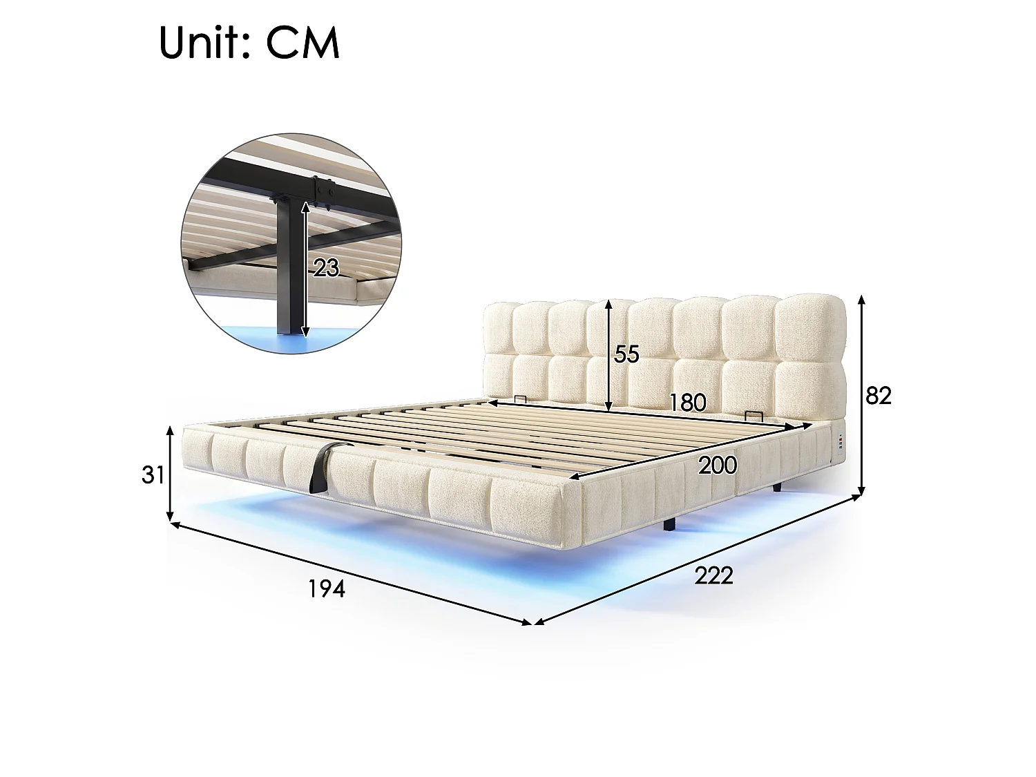 Lit coffre rembourré 180x200cm - avec lumière LED et port USB - design flottant - tissu chenille - Beige (sans matelas)