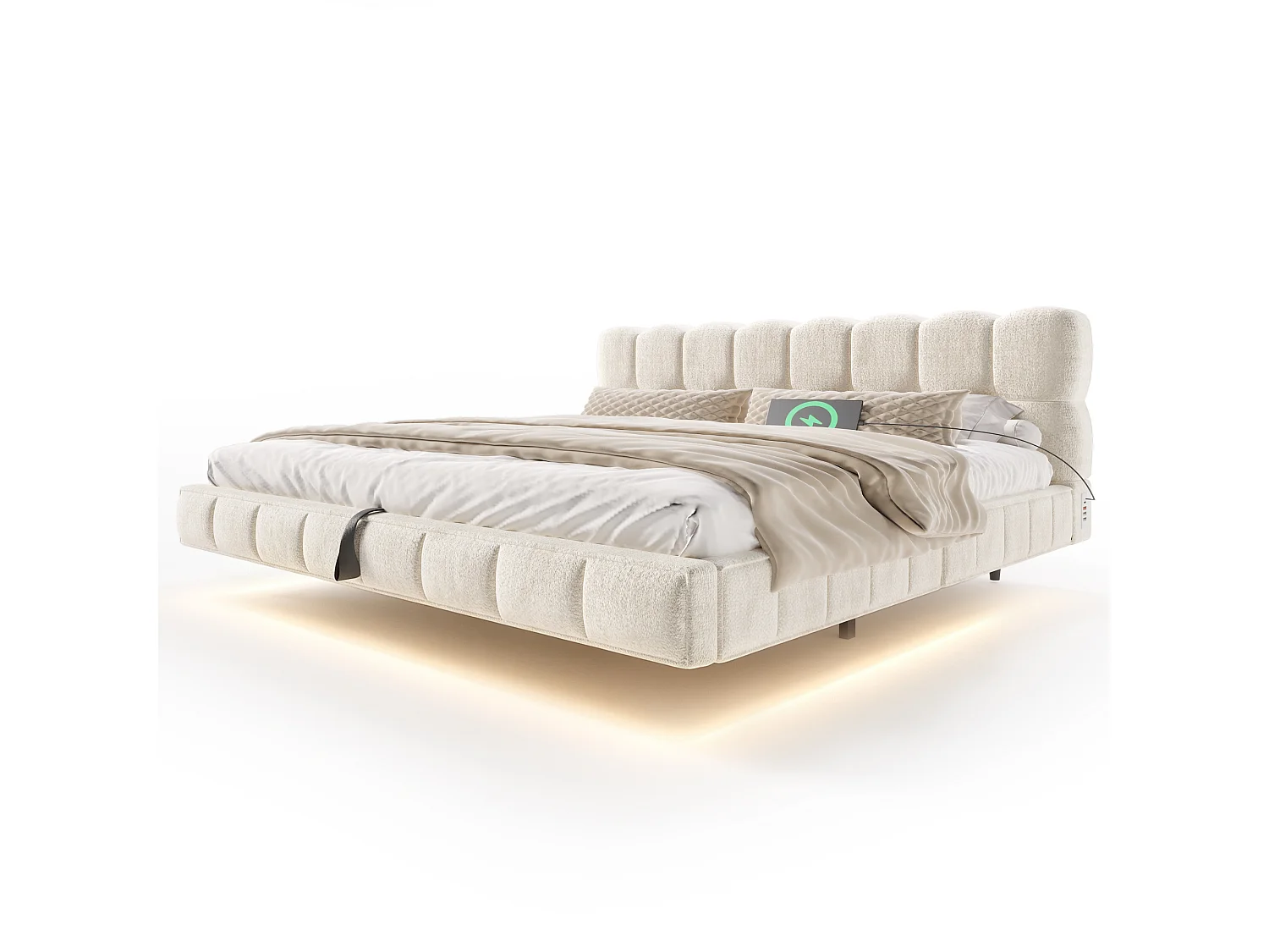 Lit coffre rembourré 180x200cm - avec lumière LED et port USB - design flottant - tissu chenille - Beige (sans matelas)