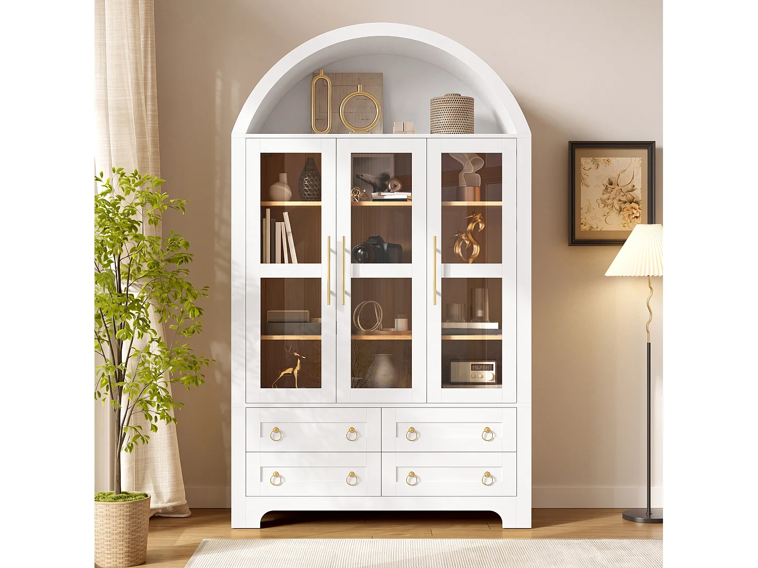 Moderne buffetkast 110x40x185 cm - 3 deuren, 4 laden en open gebogen planken - Spaanplaat + MDF - Wit