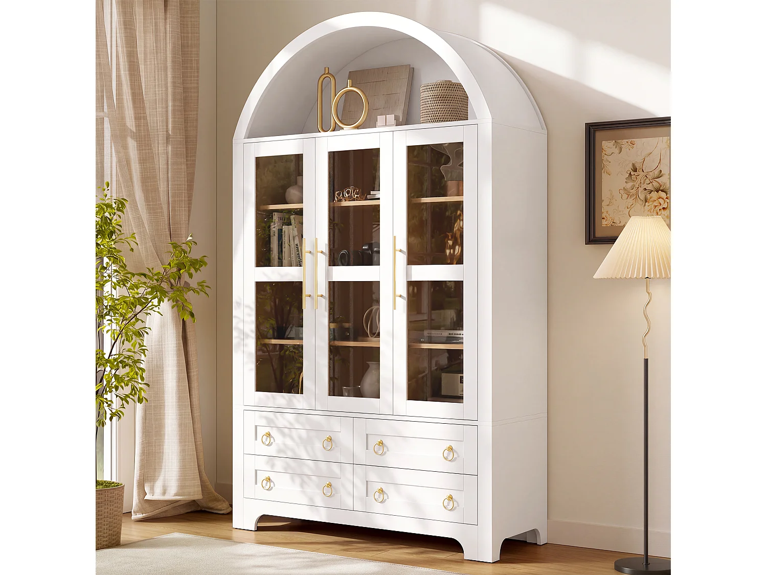 Moderne buffetkast 110x40x185 cm - 3 deuren, 4 laden en open gebogen planken - Spaanplaat + MDF - Wit