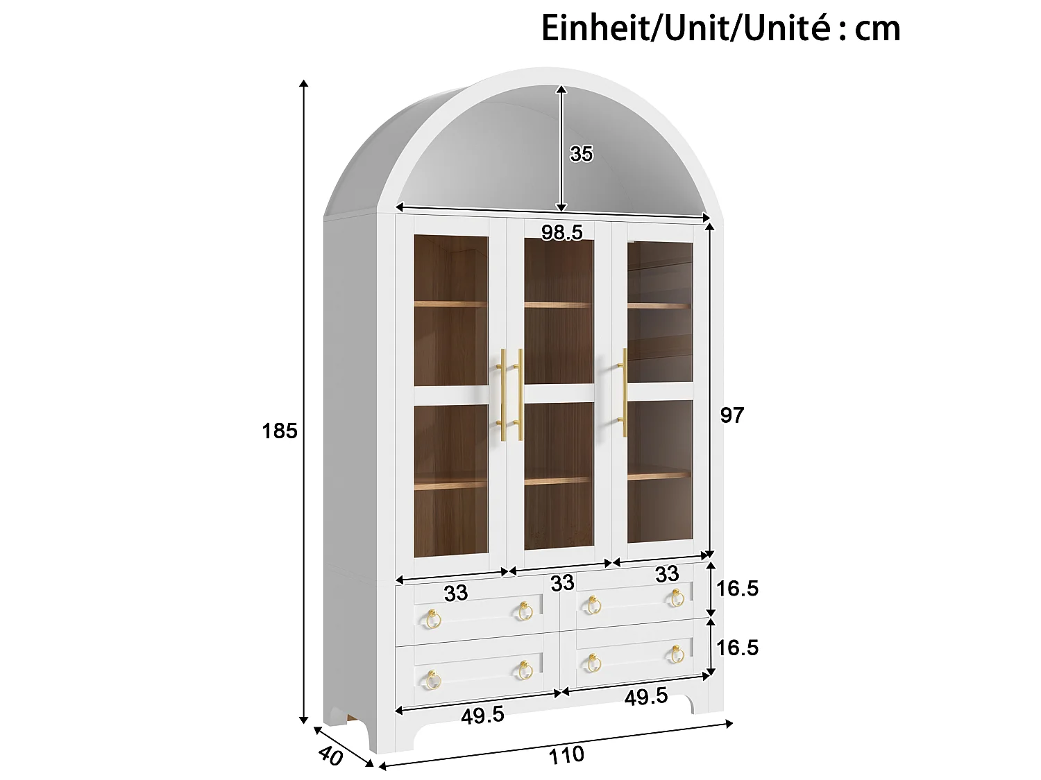 Moderne buffetkast 110x40x185 cm - 3 deuren, 4 laden en open gebogen planken - Spaanplaat + MDF - Wit