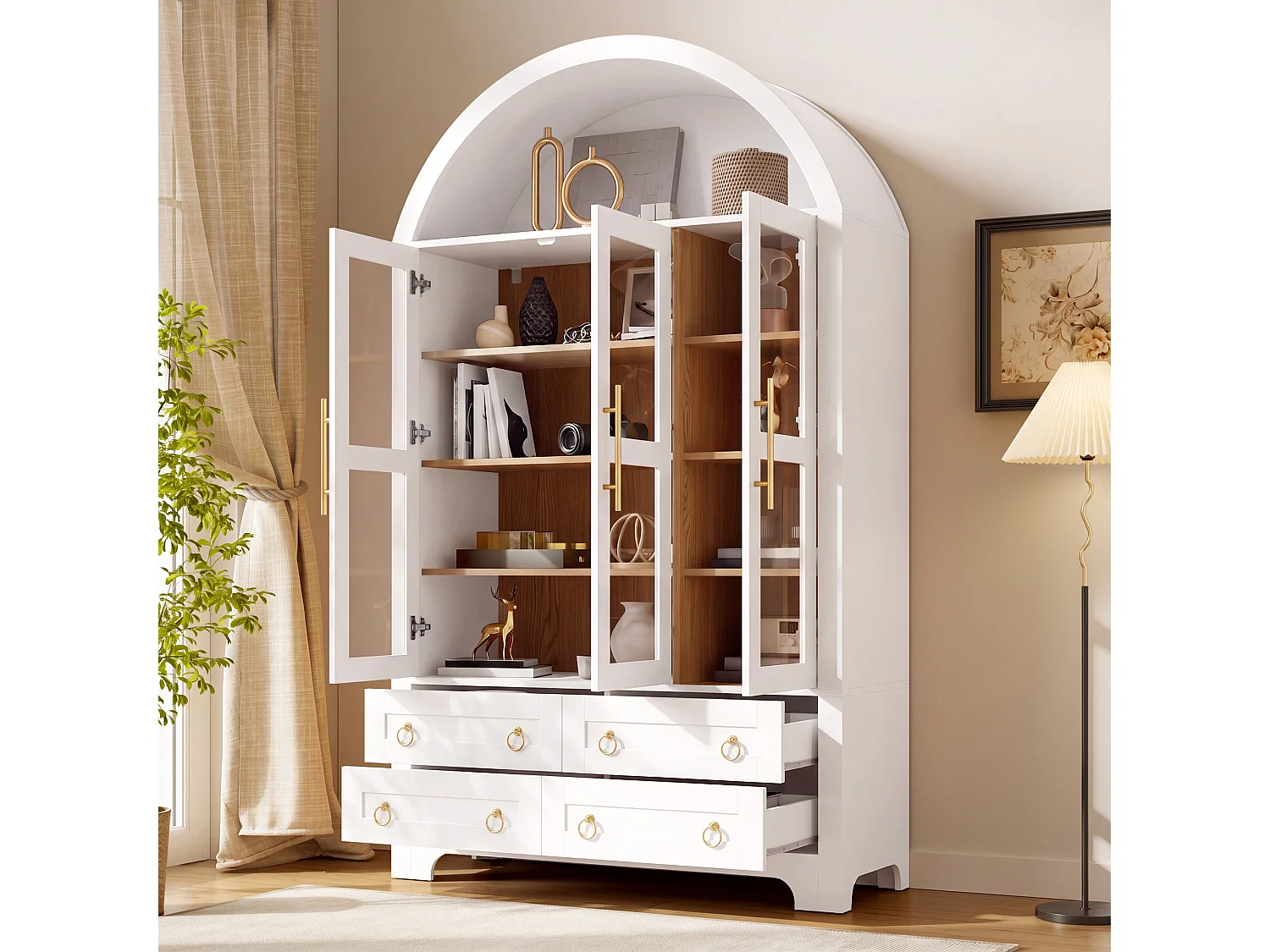 Moderne buffetkast 110x40x185 cm - 3 deuren, 4 laden en open gebogen planken - Spaanplaat + MDF - Wit