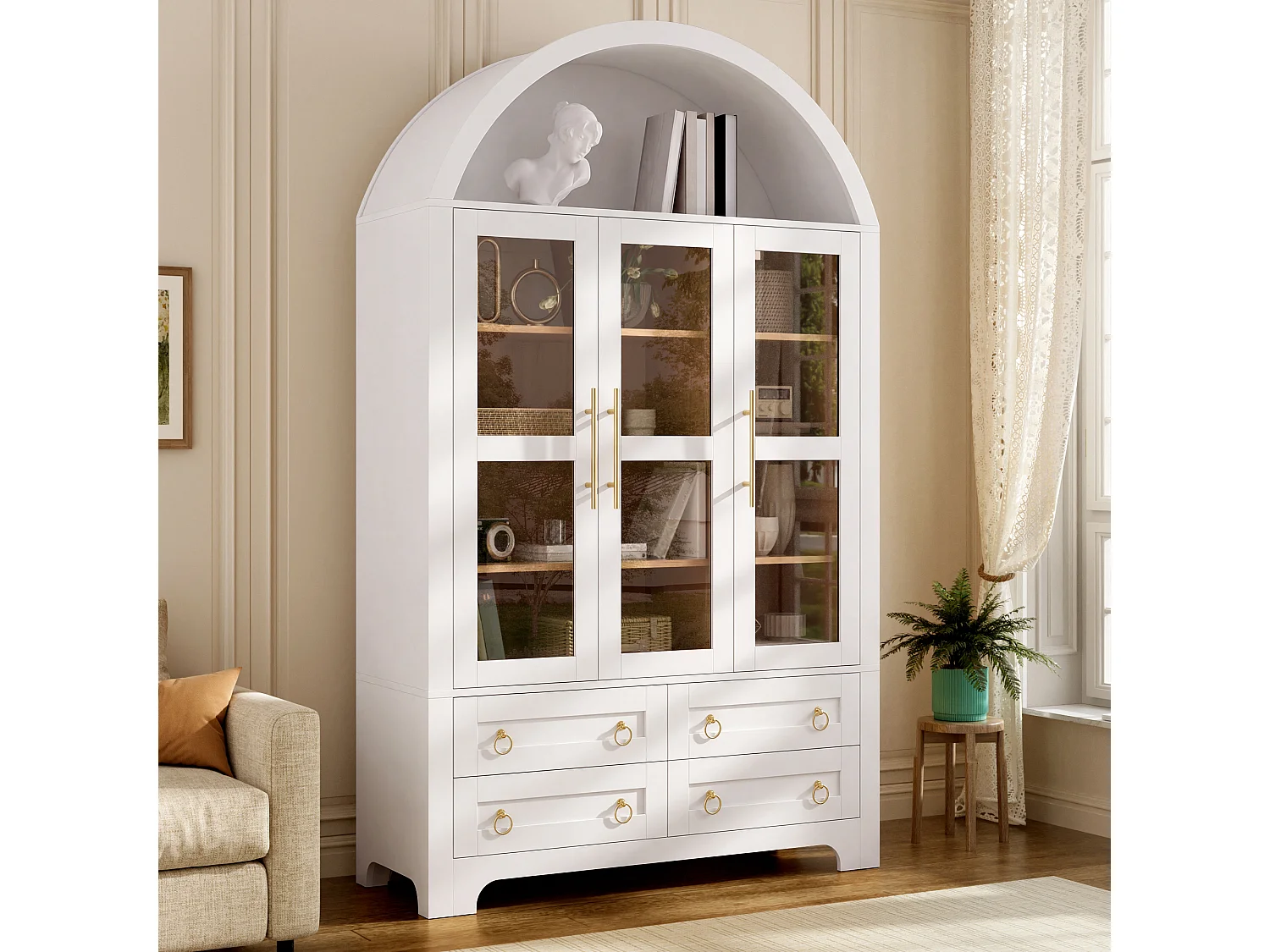 Moderne buffetkast 110x40x185 cm - 3 deuren, 4 laden en open gebogen planken - Spaanplaat + MDF - Wit
