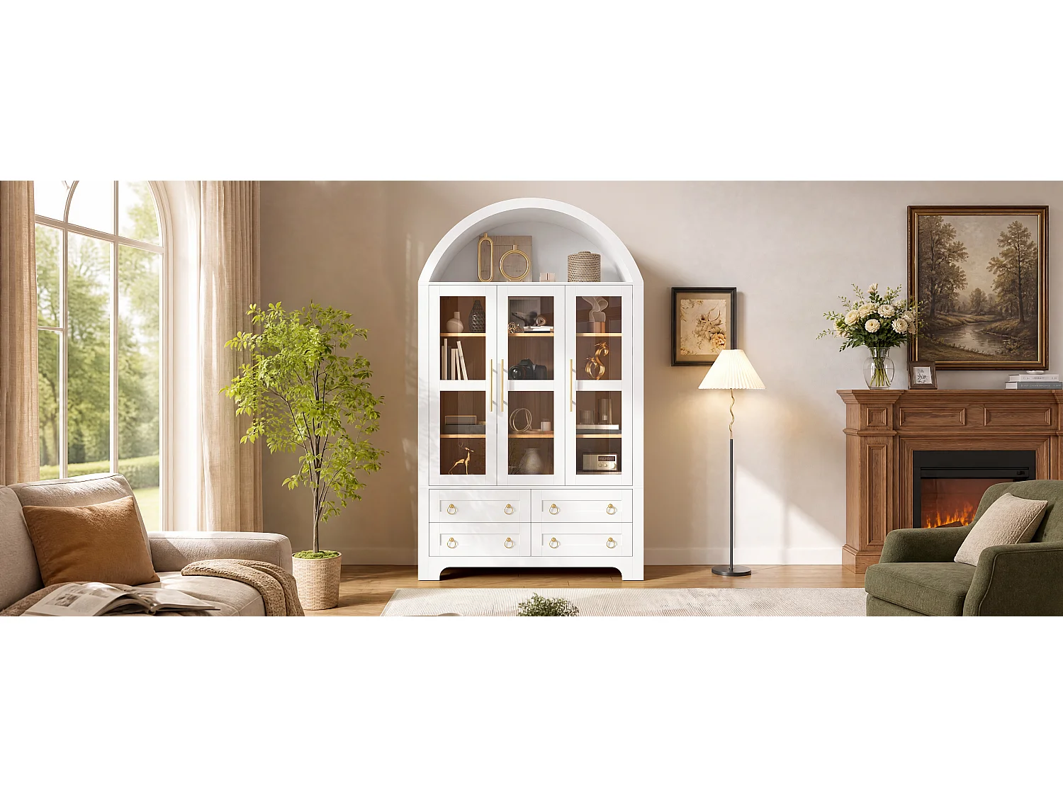 Moderne buffetkast 110x40x185 cm - 3 deuren, 4 laden en open gebogen planken - Spaanplaat + MDF - Wit