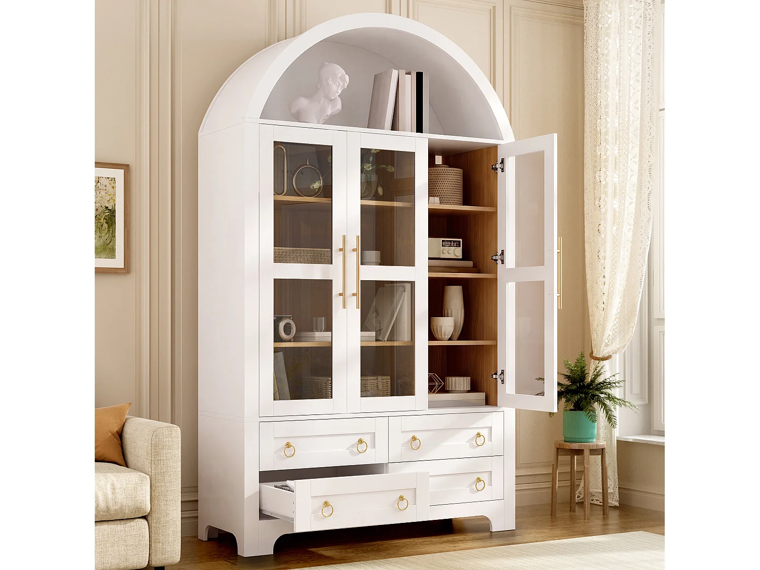 Moderne buffetkast 110x40x185 cm - 3 deuren, 4 laden en open gebogen planken - Spaanplaat + MDF - Wit
