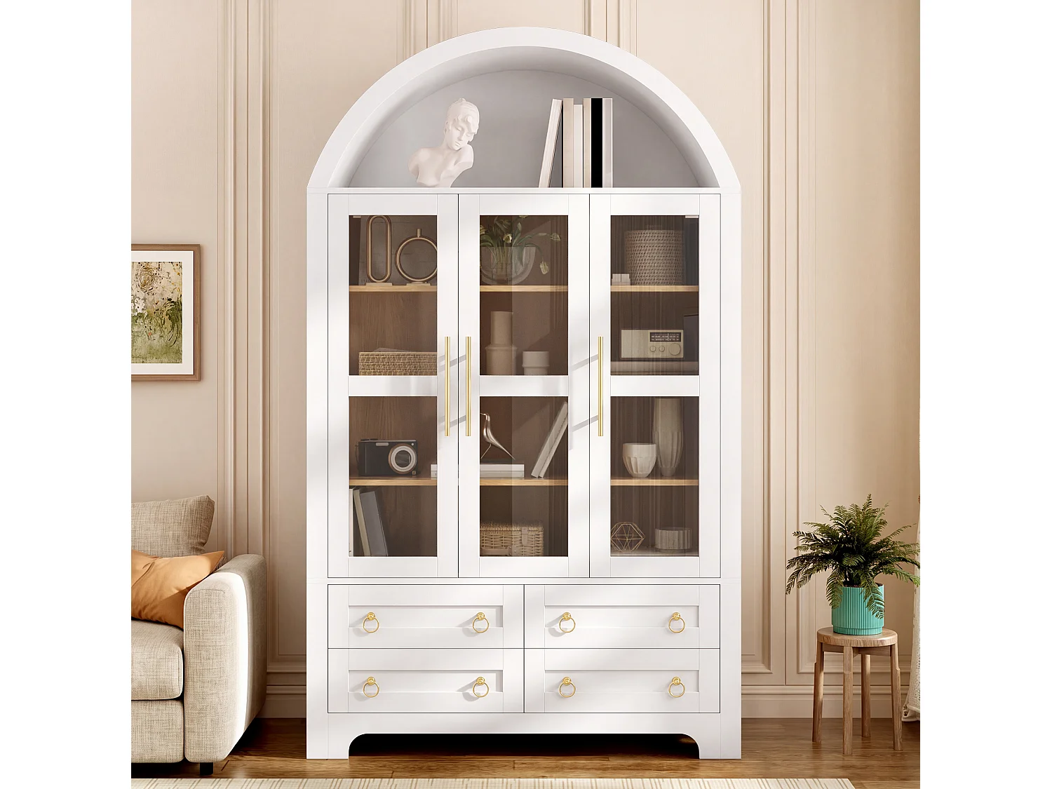 Moderne buffetkast 110x40x185 cm - 3 deuren, 4 laden en open gebogen planken - Spaanplaat + MDF - Wit