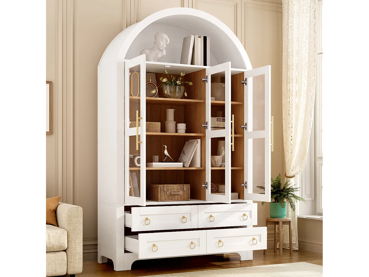 Moderne buffetkast 110x40x185 cm - 3 deuren, 4 laden en open gebogen planken - Spaanplaat + MDF - Wit