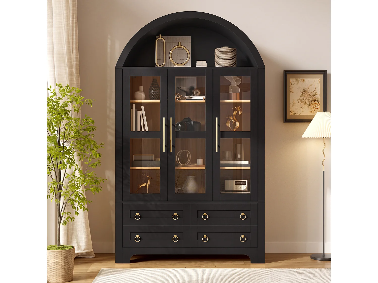 Moderne buffetkast 110x40x185 cm - 3 deuren, 4 laden en open gebogen planken - Spaanplaat + MDF - Zwart