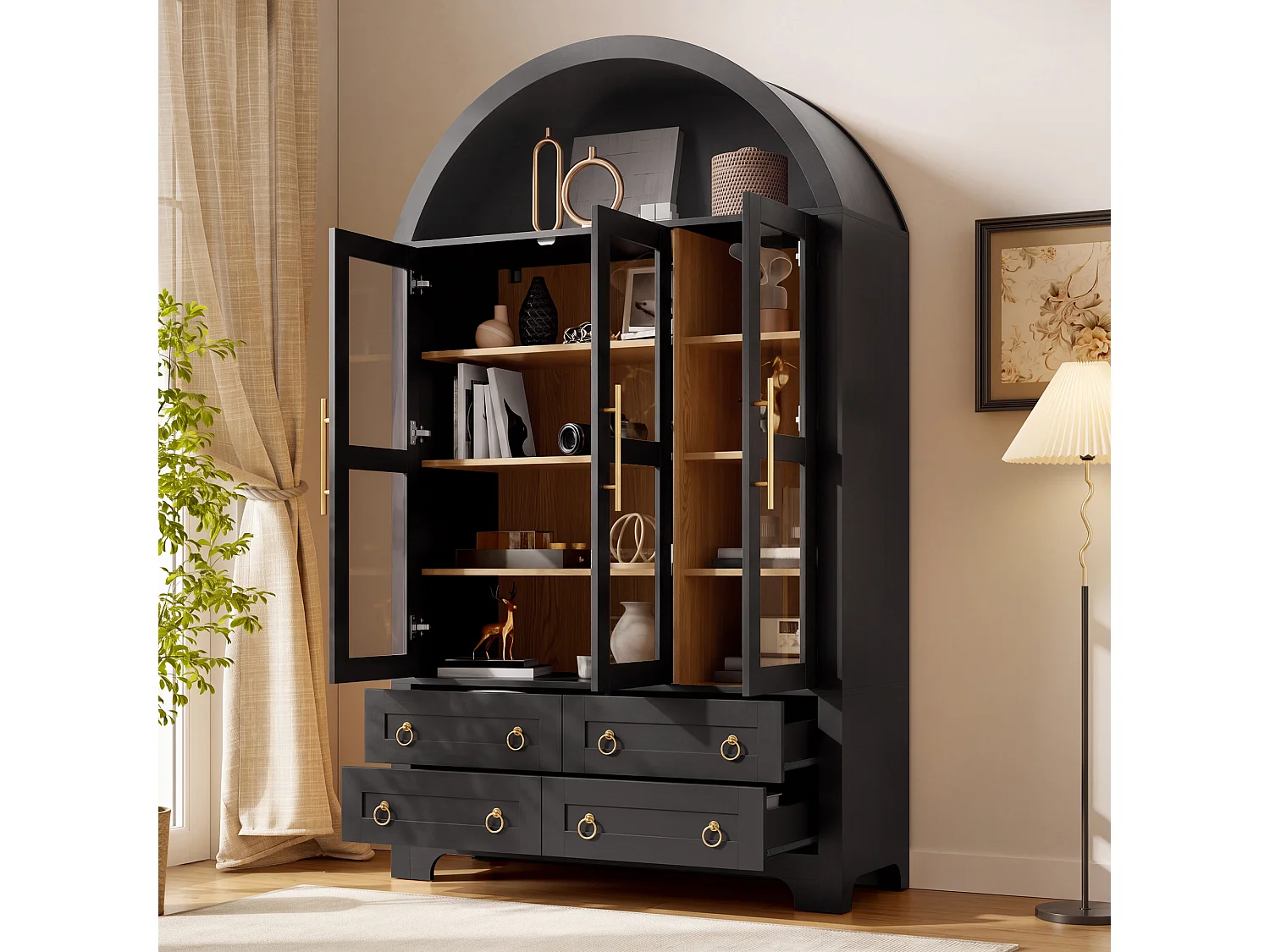 Moderne buffetkast 110x40x185 cm - 3 deuren, 4 laden en open gebogen planken - Spaanplaat + MDF - Zwart