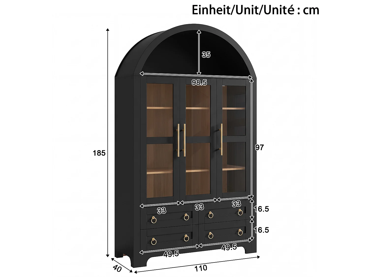Moderne buffetkast 110x40x185 cm - 3 deuren, 4 laden en open gebogen planken - Spaanplaat + MDF - Zwart