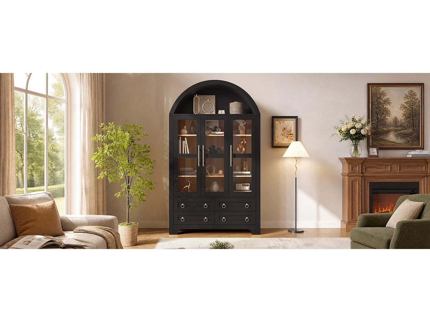 Moderne buffetkast 110x40x185 cm - 3 deuren, 4 laden en open gebogen planken - Spaanplaat + MDF - Zwart