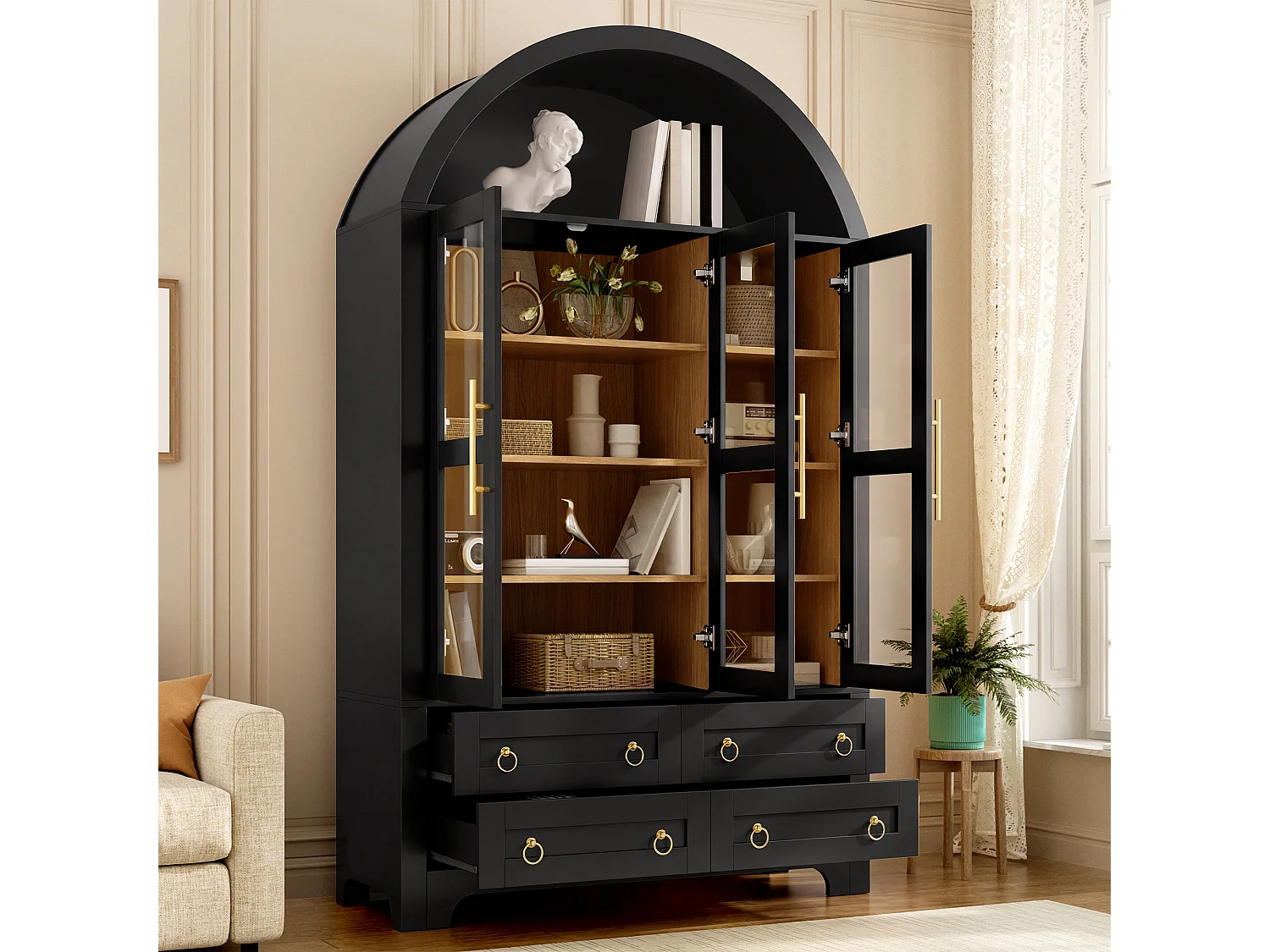 Moderne buffetkast 110x40x185 cm - 3 deuren, 4 laden en open gebogen planken - Spaanplaat + MDF - Zwart
