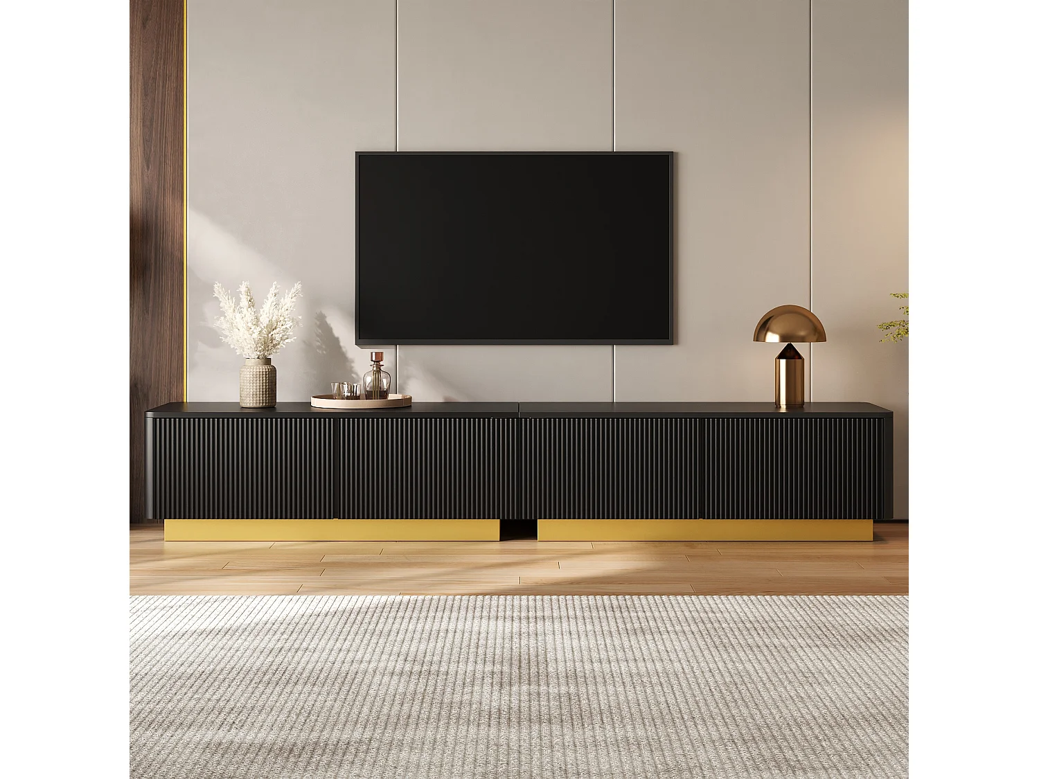 Moderne TV-møbel 200 x 40 x 35 cm - Med 2 døre og 2 skuffer - Indbygget struktur - Kabelstyring - MDF - Sort