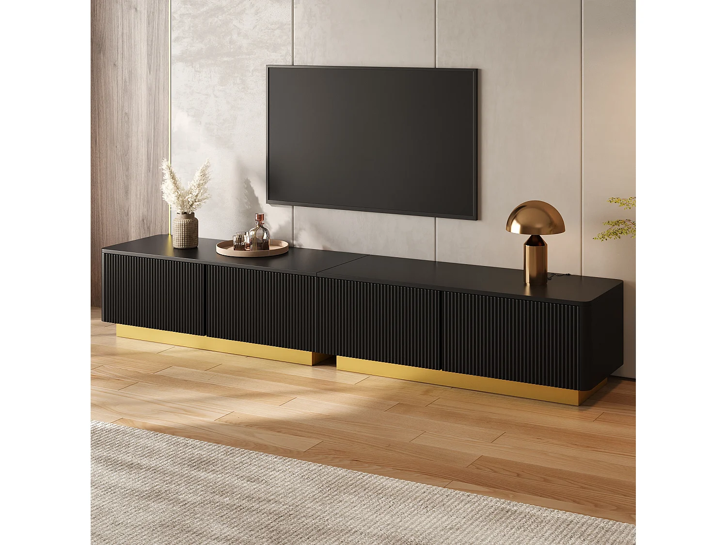 Moderne TV-møbel 200 x 40 x 35 cm - Med 2 døre og 2 skuffer - Indbygget struktur - Kabelstyring - MDF - Sort