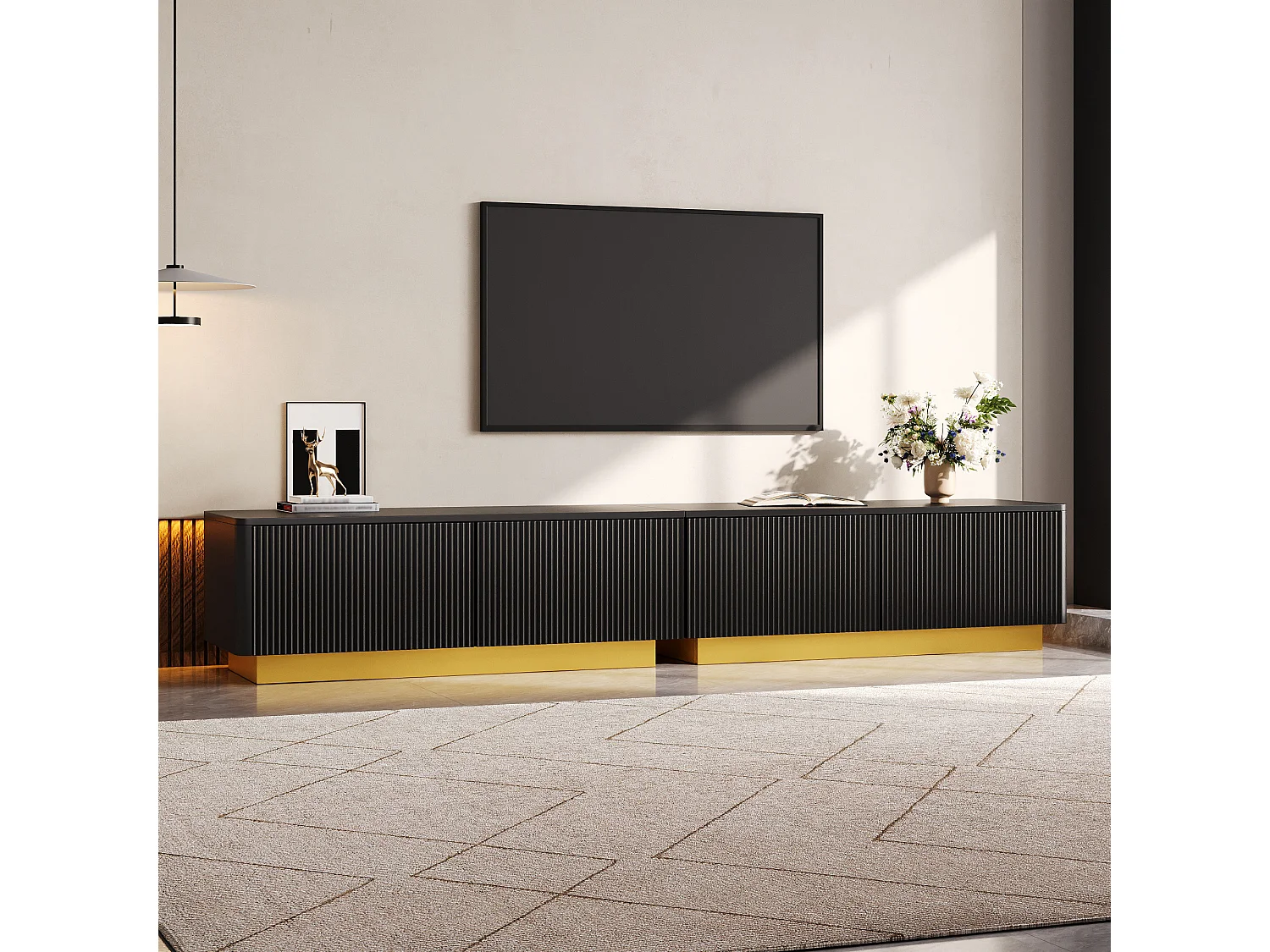 Moderne TV-møbel 200 x 40 x 35 cm - Med 2 døre og 2 skuffer - Indbygget struktur - Kabelstyring - MDF - Sort