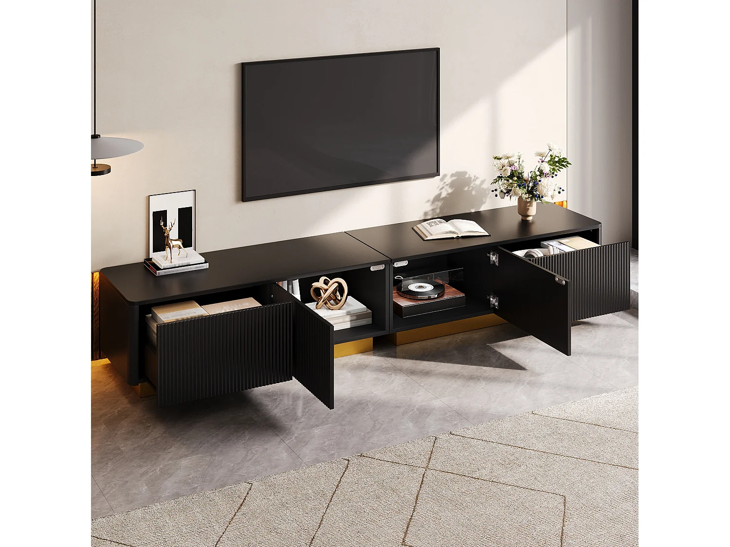 Moderne TV-møbel 200 x 40 x 35 cm - Med 2 døre og 2 skuffer - Indbygget struktur - Kabelstyring - MDF - Sort
