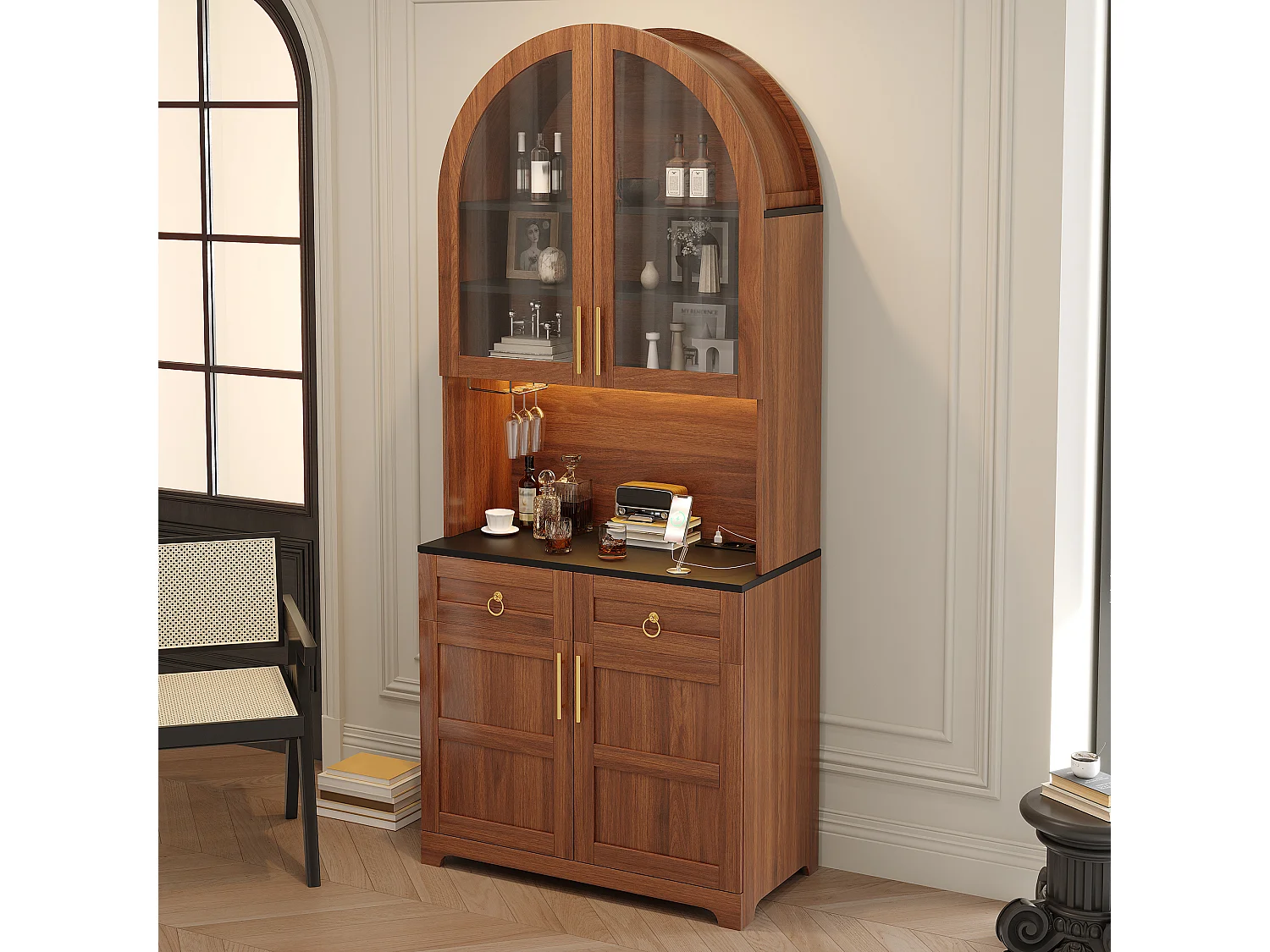 Gebogen buffetkast 80x40x180cm - Vitrine+Werkblad - 4 deuren, 2 laden - LED-verlichting, elektrisch stopcontact en USB-poort - Bruin