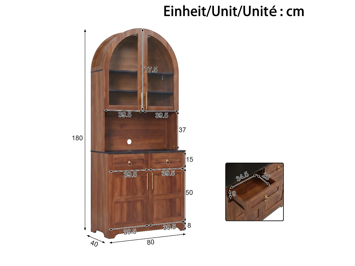 Gebogen buffetkast 80x40x180cm - Vitrine+Werkblad - 4 deuren, 2 laden - LED-verlichting, elektrisch stopcontact en USB-poort - Bruin