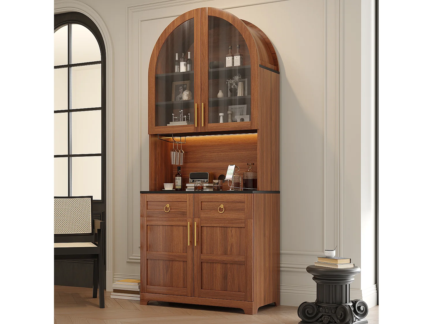 Gebogen buffetkast 80x40x180cm - Vitrine+Werkblad - 4 deuren, 2 laden - LED-verlichting, elektrisch stopcontact en USB-poort - Bruin