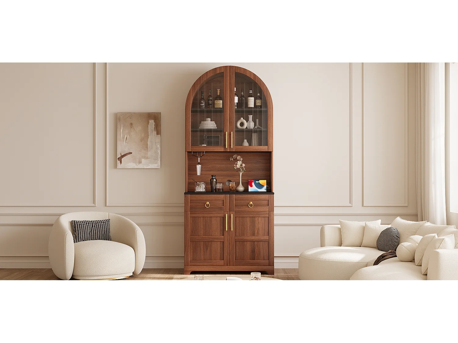 Gebogen buffetkast 80x40x180cm - Vitrine+Werkblad - 4 deuren, 2 laden - LED-verlichting, elektrisch stopcontact en USB-poort - Bruin