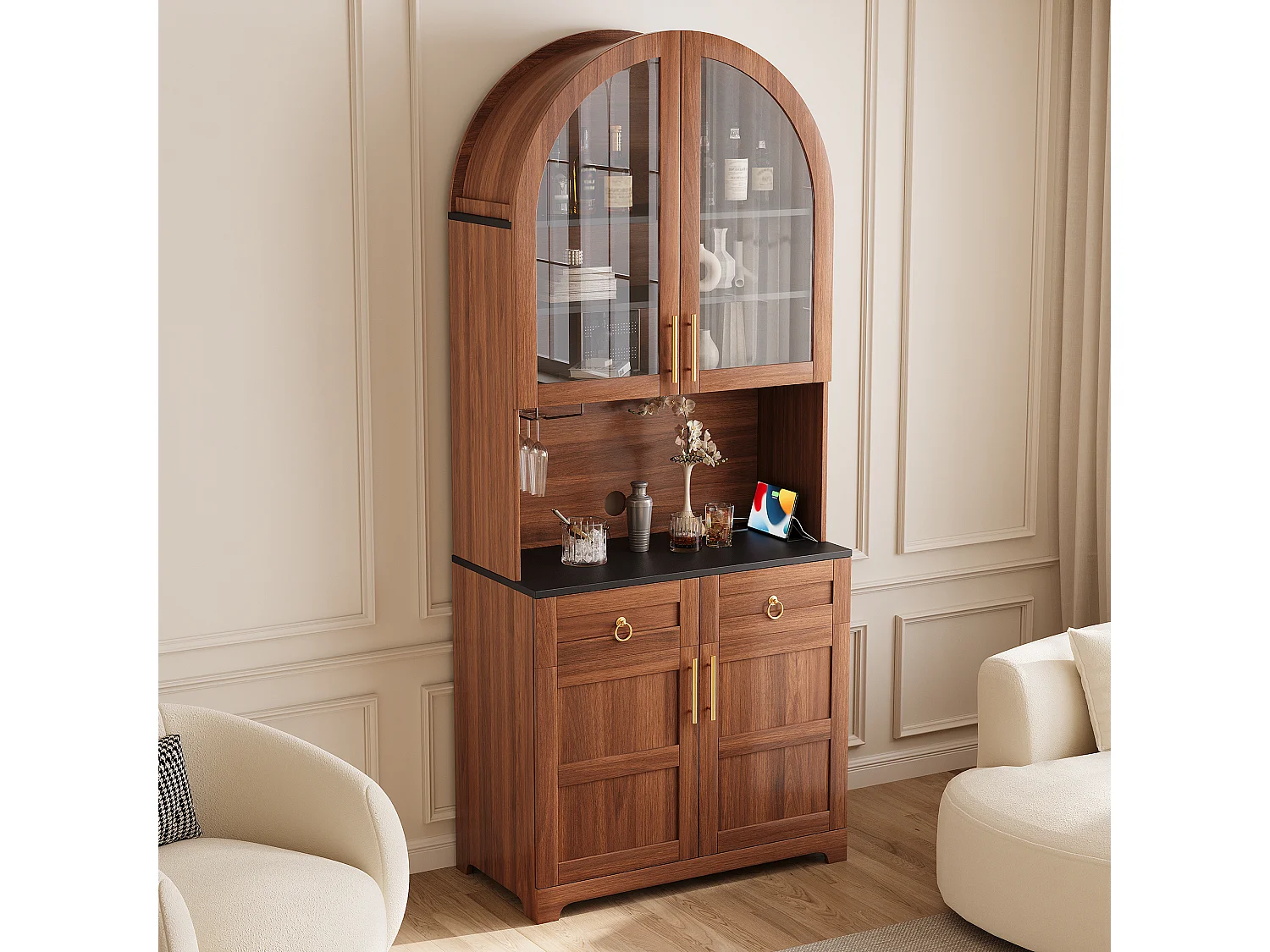 Gebogen buffetkast 80x40x180cm - Vitrine+Werkblad - 4 deuren, 2 laden - LED-verlichting, elektrisch stopcontact en USB-poort - Bruin