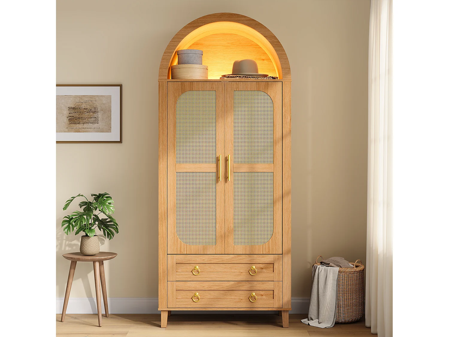 Armário curvado 76x50x184 cm - Compartimentos curvados abertos - LED e varão - 2 portas de vime e 2 gavetas - MDF - Natural