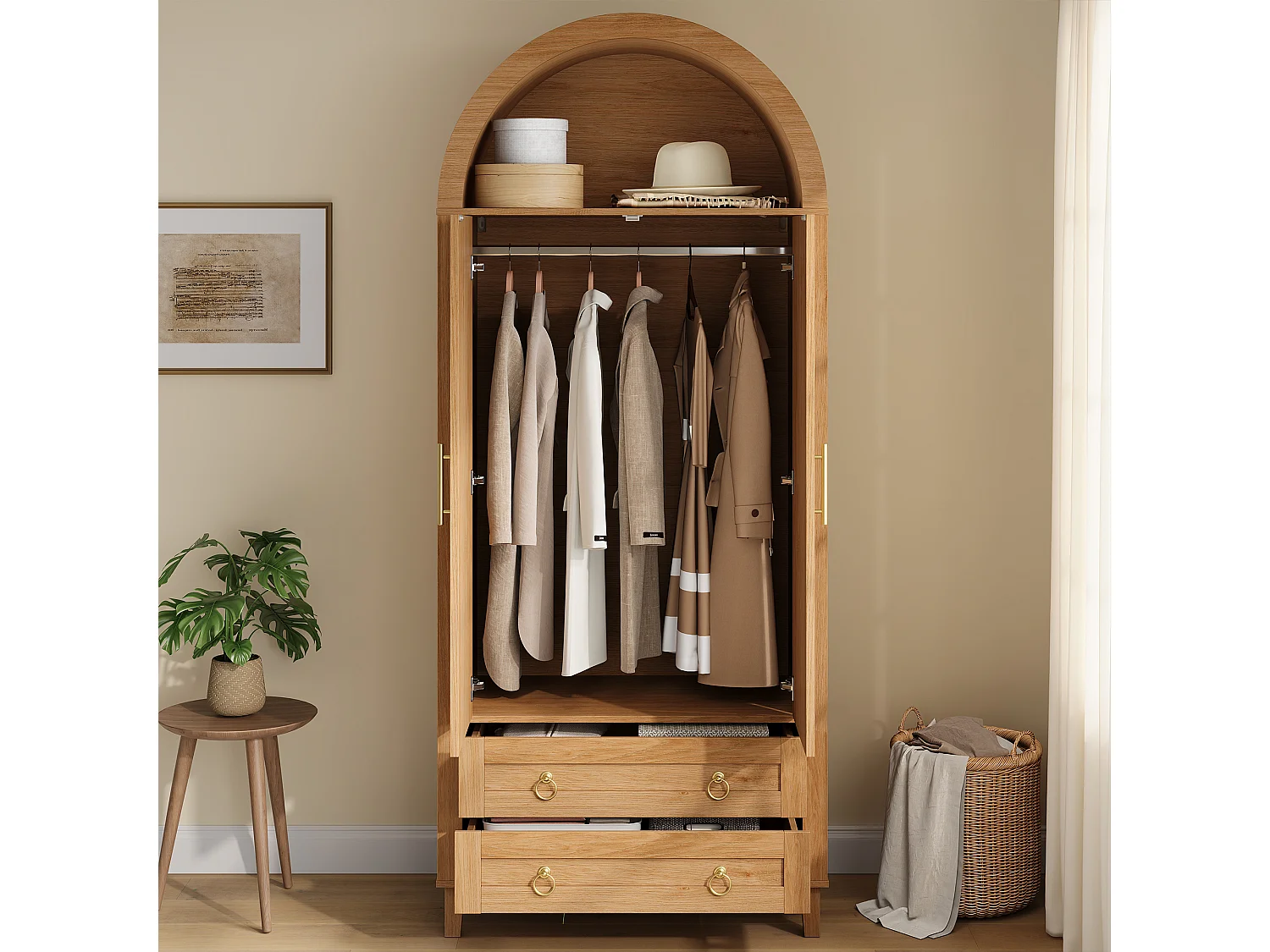 Armário curvado 76x50x184 cm - Compartimentos curvados abertos - LED e varão - 2 portas de vime e 2 gavetas - MDF - Natural