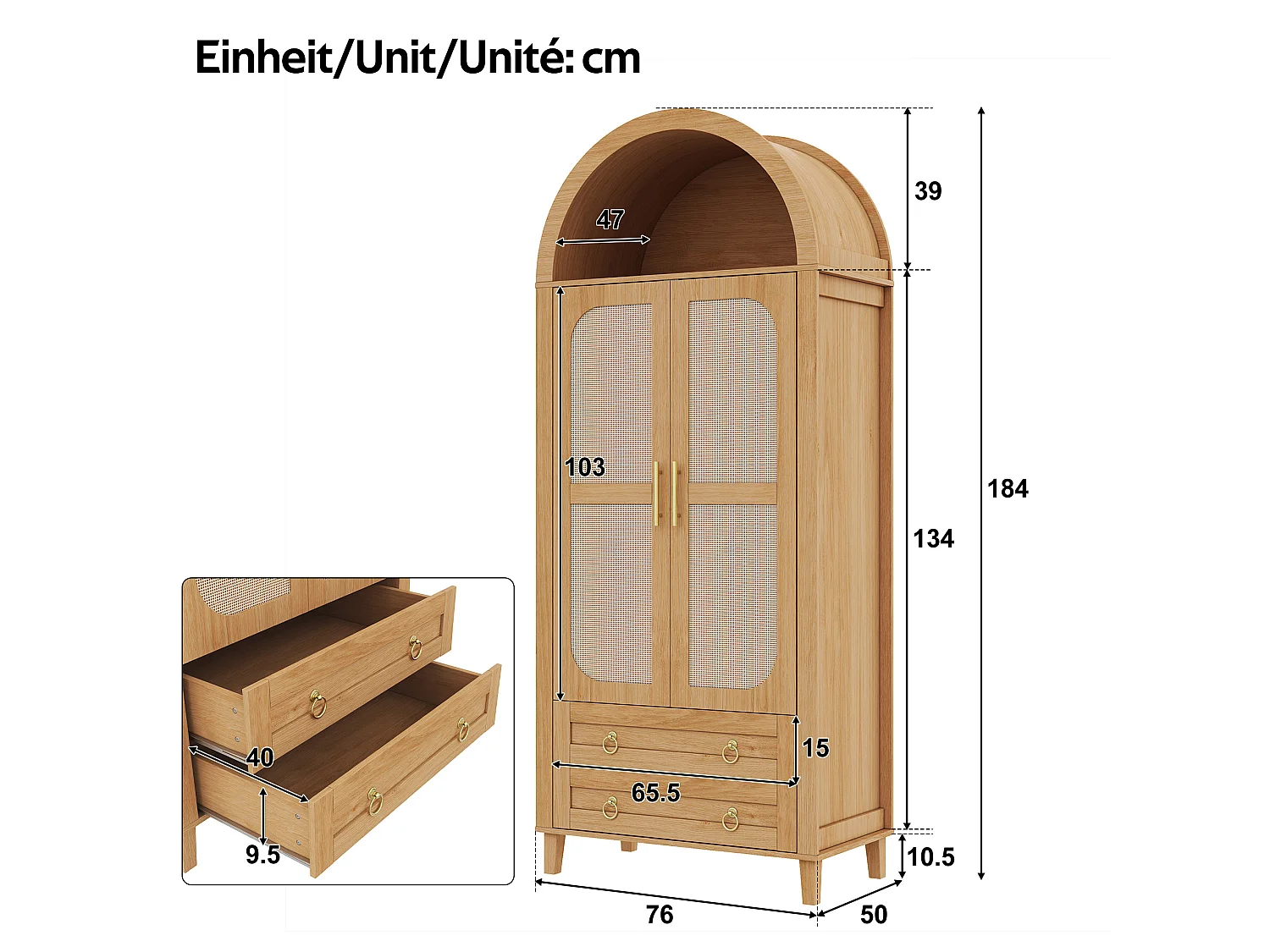 Armário curvado 76x50x184 cm - Compartimentos curvados abertos - LED e varão - 2 portas de vime e 2 gavetas - MDF - Natural