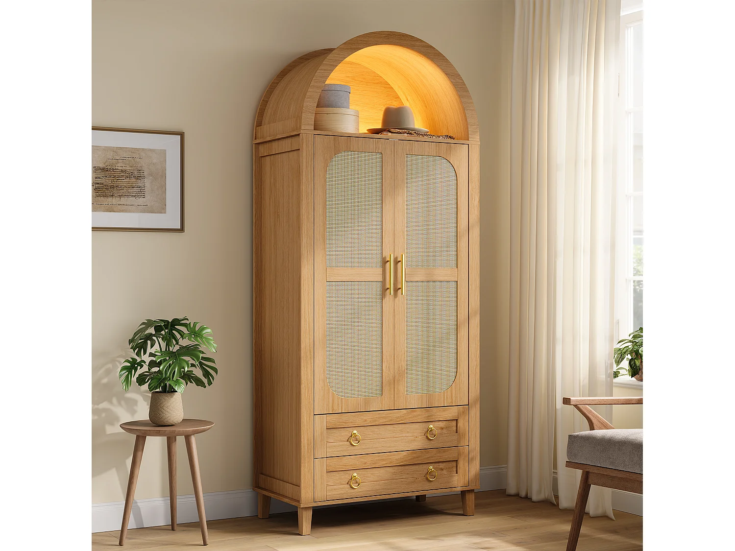 Armário curvado 76x50x184 cm - Compartimentos curvados abertos - LED e varão - 2 portas de vime e 2 gavetas - MDF - Natural