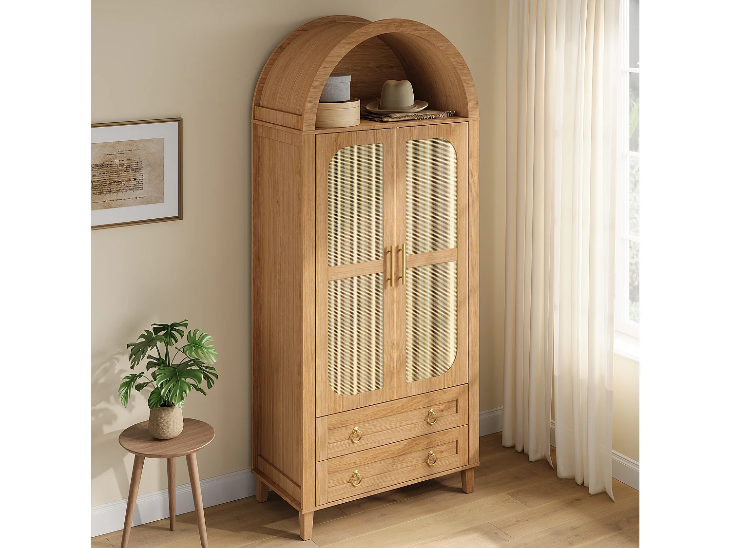 Armário curvado 76x50x184 cm - Compartimentos curvados abertos - LED e varão - 2 portas de vime e 2 gavetas - MDF - Natural