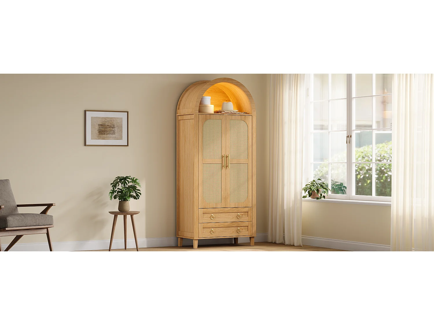 Armário curvado 76x50x184 cm - Compartimentos curvados abertos - LED e varão - 2 portas de vime e 2 gavetas - MDF - Natural