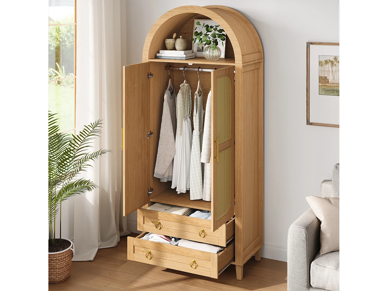 Armário curvado 76x50x184 cm - Compartimentos curvados abertos - LED e varão - 2 portas de vime e 2 gavetas - MDF - Natural