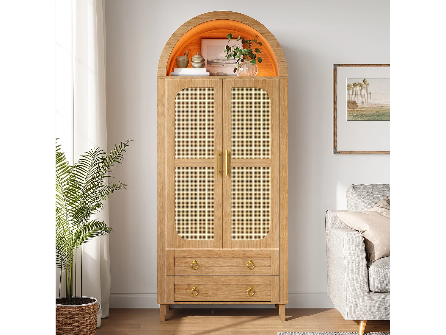Armário curvado 76x50x184 cm - Compartimentos curvados abertos - LED e varão - 2 portas de vime e 2 gavetas - MDF - Natural