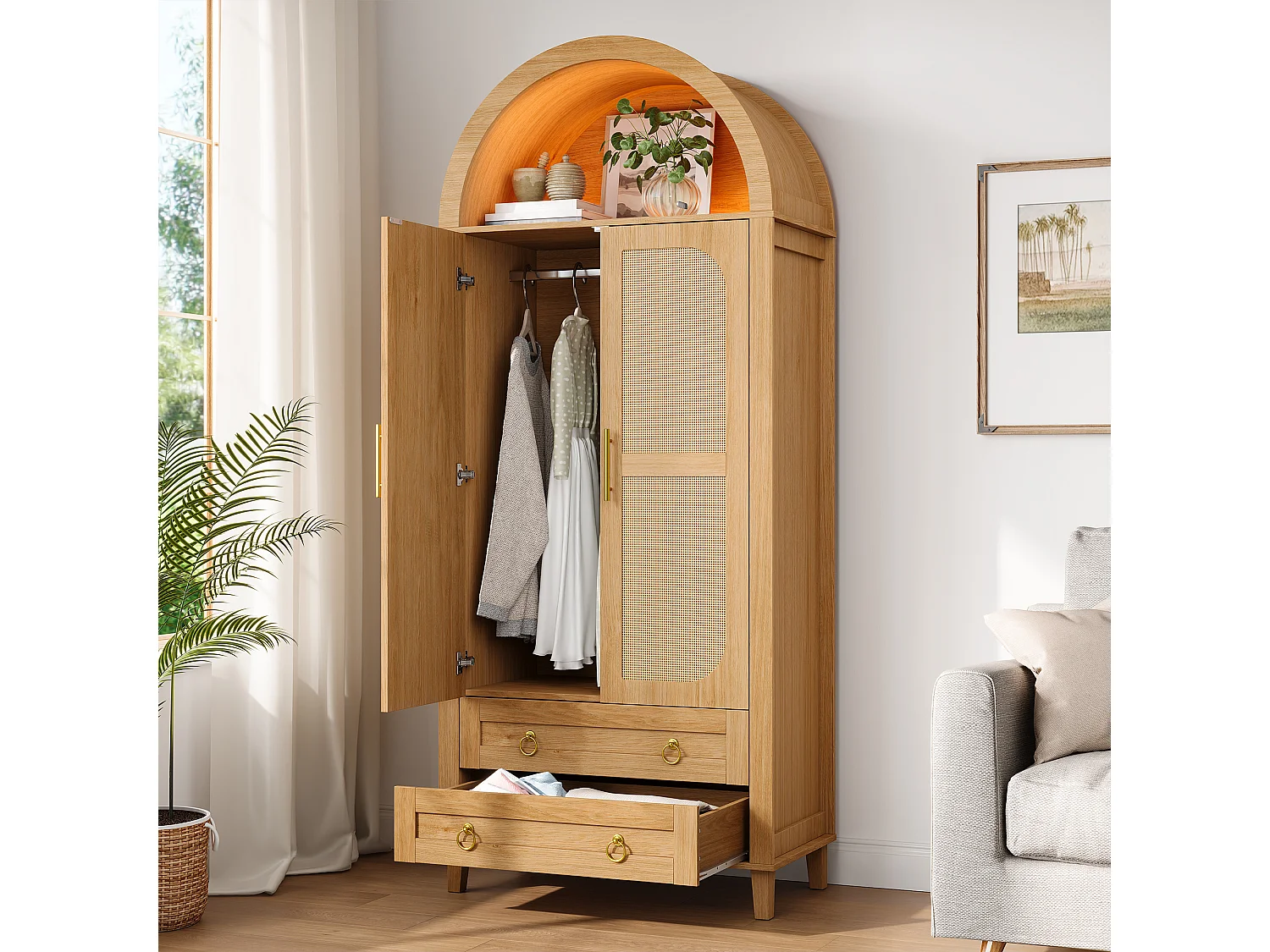 Armário curvado 76x50x184 cm - Compartimentos curvados abertos - LED e varão - 2 portas de vime e 2 gavetas - MDF - Natural