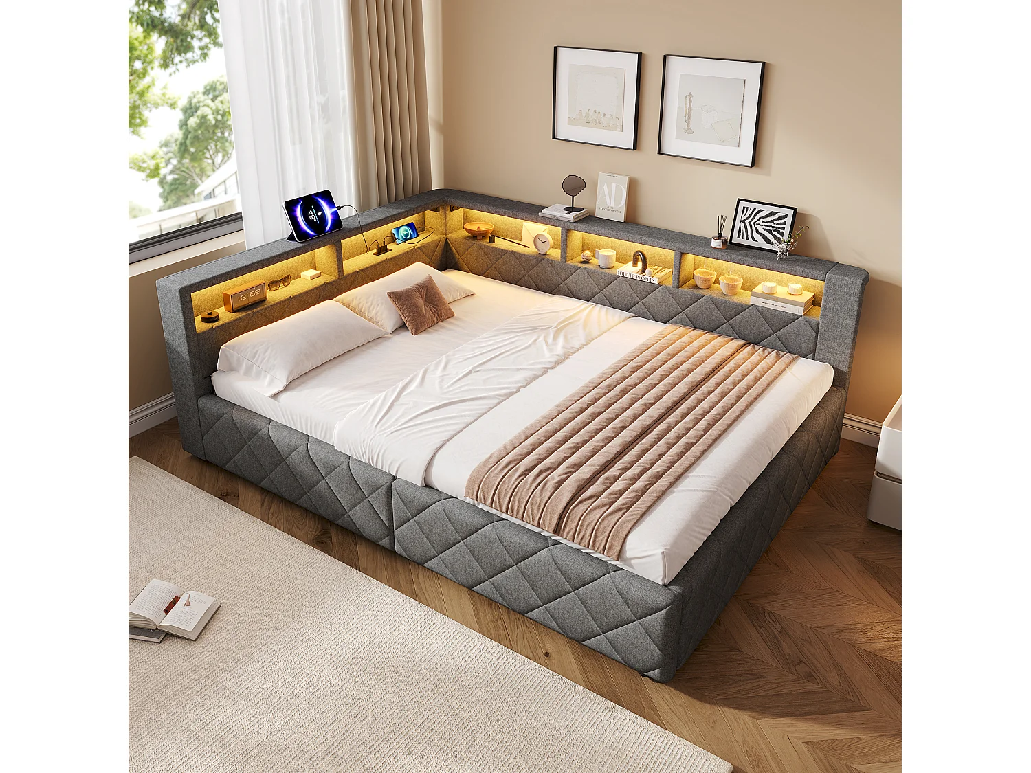 Canapé-lit coffre 140 x 200 cm - avec lumière LED - avec port USB - tissu de lin - gris (matelas non inclus)
