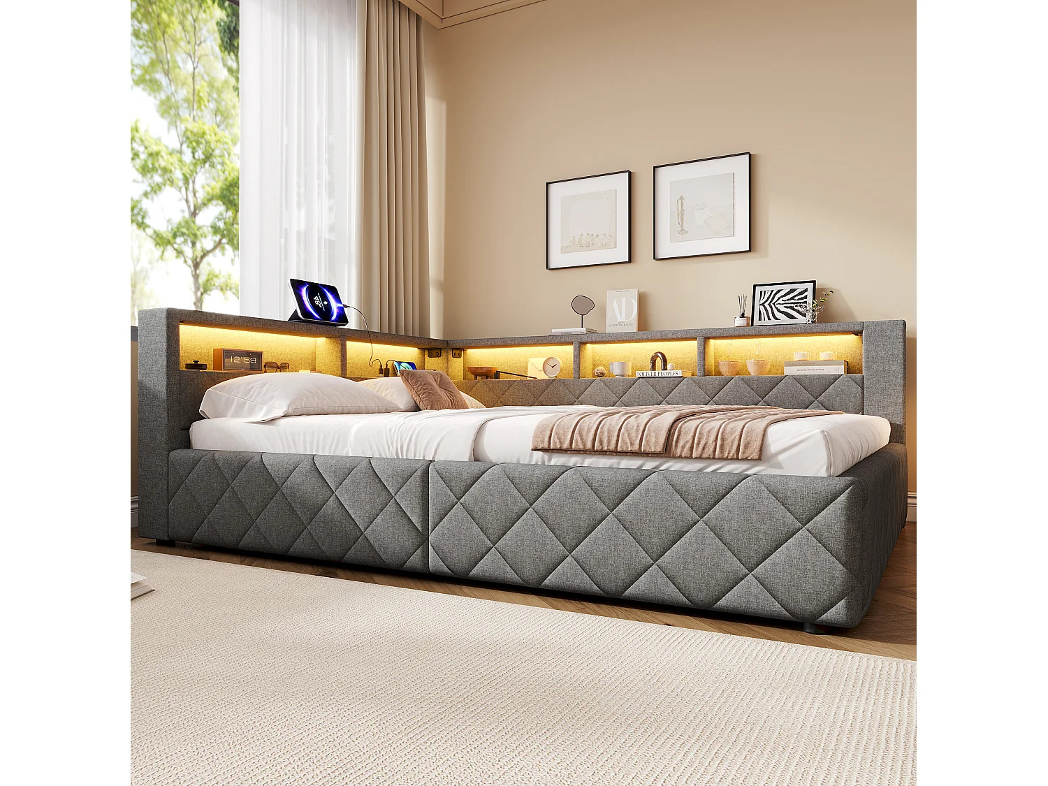 Canapé-lit coffre 140 x 200 cm - avec lumière LED - avec port USB - tissu de lin - gris (matelas non inclus)