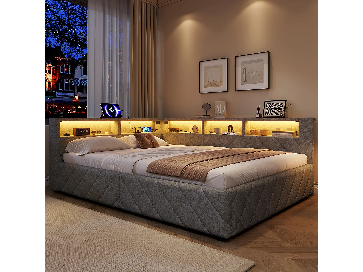 Canapé-lit coffre 140 x 200 cm - avec lumière LED - avec port USB - tissu de lin - gris (matelas non inclus)