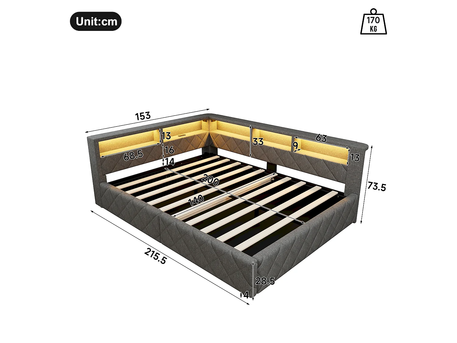 Canapé-lit coffre 140 x 200 cm - avec lumière LED - avec port USB - tissu de lin - gris (matelas non inclus)