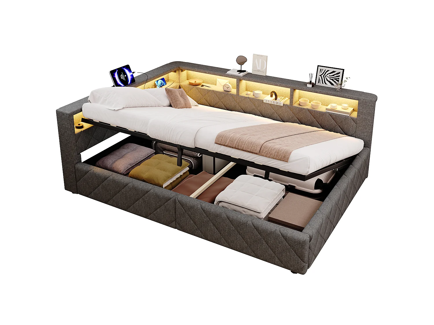 Canapé-lit coffre 140 x 200 cm - avec lumière LED - avec port USB - tissu de lin - gris (matelas non inclus)