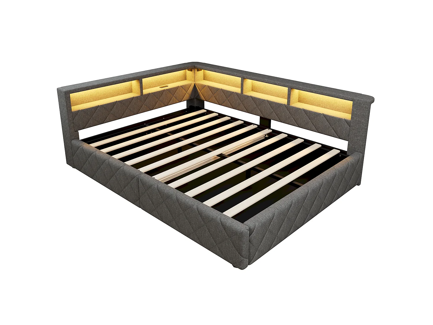 Canapé-lit coffre 140 x 200 cm - avec lumière LED - avec port USB - tissu de lin - gris (matelas non inclus)