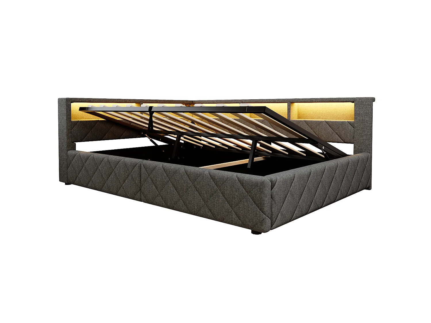 Canapé-lit coffre 140 x 200 cm - avec lumière LED - avec port USB - tissu de lin - gris (matelas non inclus)