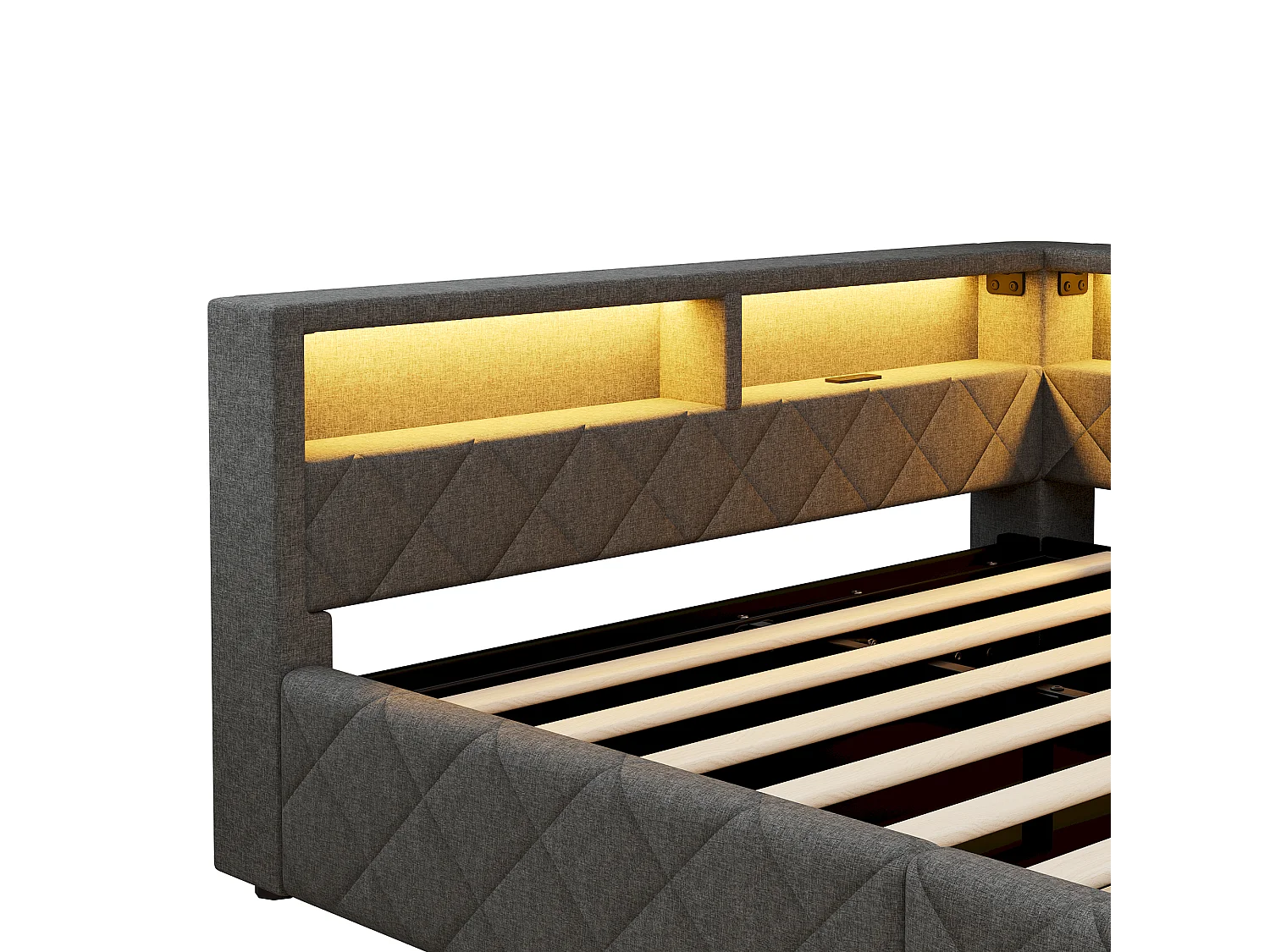 Canapé-lit coffre 140 x 200 cm - avec lumière LED - avec port USB - tissu de lin - gris (matelas non inclus)