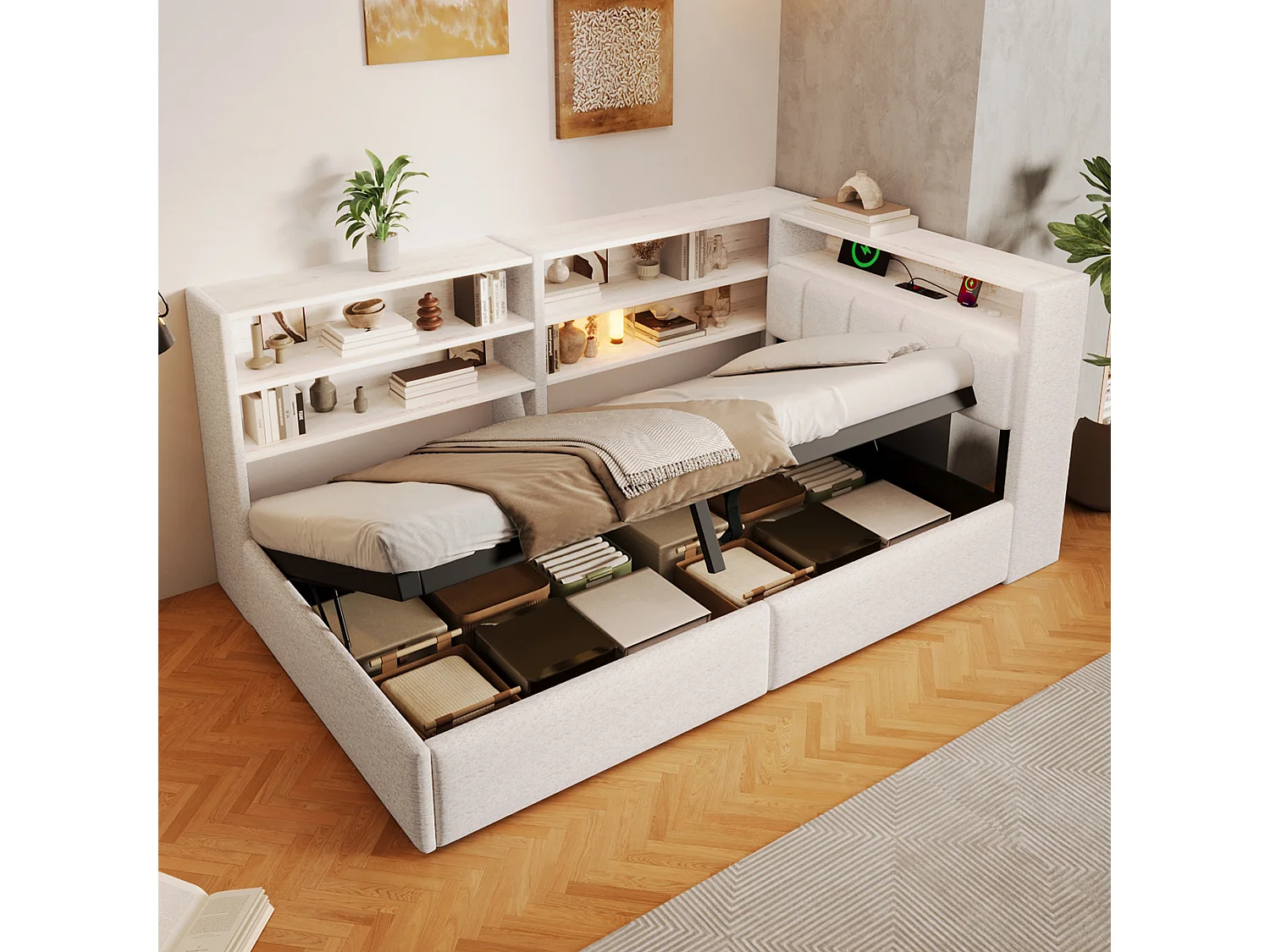 Sofá cama con baúl 90 x 200 cm - con enchufe eléctrico - con puerto USB + tira de luz LED - tejido de terciopelo - blanco (colchón no incluido)