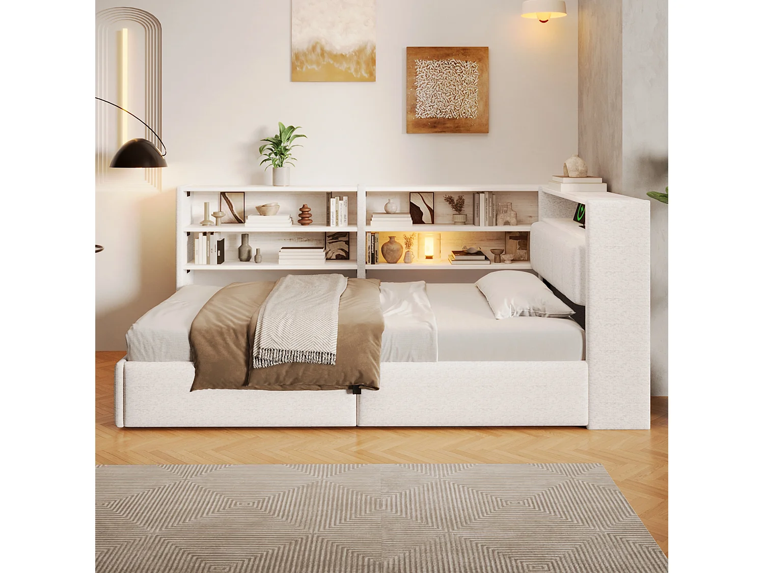 Sofá cama con baúl 90 x 200 cm - con enchufe eléctrico - con puerto USB + tira de luz LED - tejido de terciopelo - blanco (colchón no incluido)