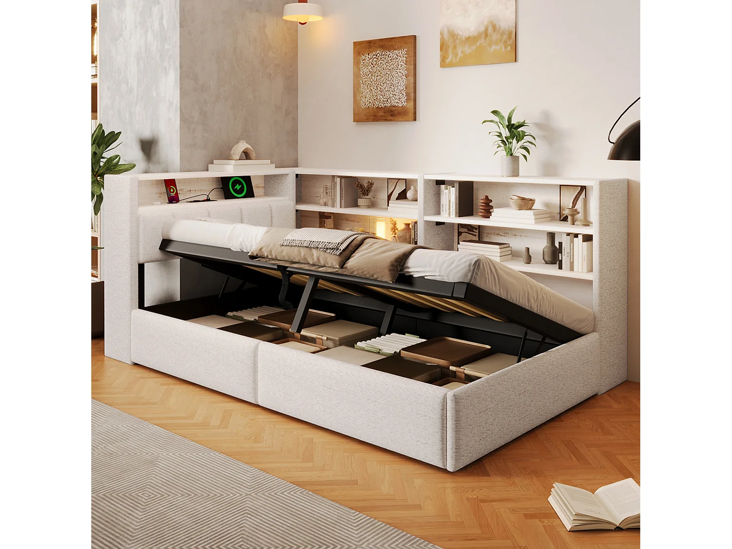 Sofá cama con baúl 90 x 200 cm - con enchufe eléctrico - con puerto USB + tira de luz LED - tejido de terciopelo - blanco (colchón no incluido)