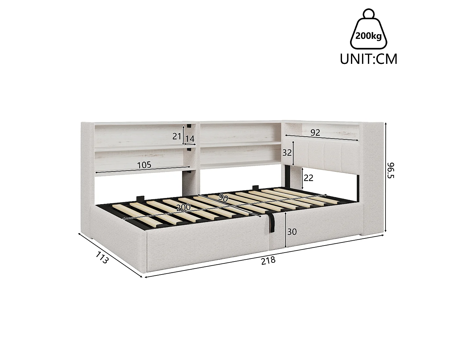 Sofá cama con baúl 90 x 200 cm - con enchufe eléctrico - con puerto USB + tira de luz LED - tejido de terciopelo - blanco (colchón no incluido)