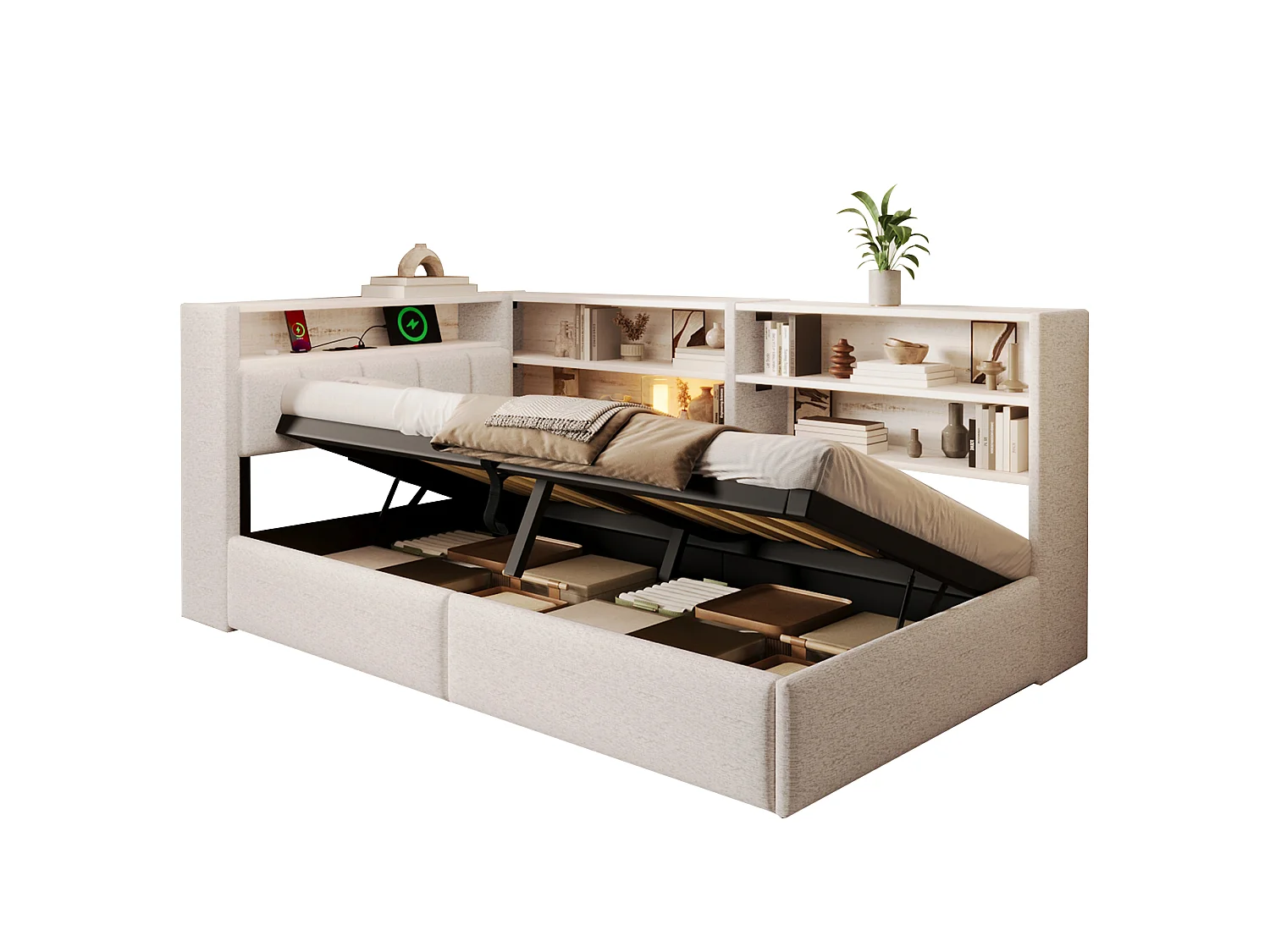 Sofá cama con baúl 90 x 200 cm - con enchufe eléctrico - con puerto USB + tira de luz LED - tejido de terciopelo - blanco (colchón no incluido)