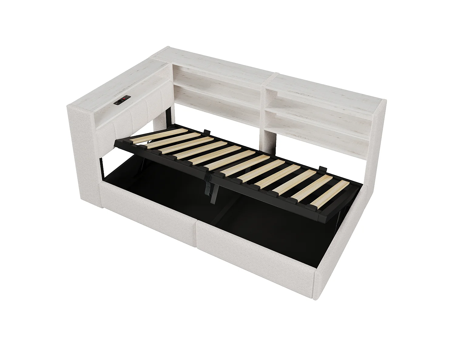 Sofá cama con baúl 90 x 200 cm - con enchufe eléctrico - con puerto USB + tira de luz LED - tejido de terciopelo - blanco (colchón no incluido)